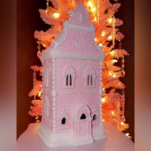 Custom, Pink Victorian Gingerbread castle valentines day light up 14”